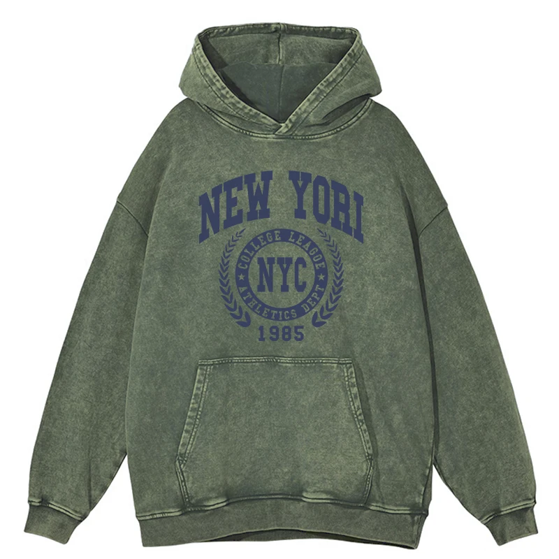 New York Letter Printed Male Distressed Washed Cotton Hoody Fashion Casual Comfortable Hoodies Autumn Loose Warm Tracksuit Men