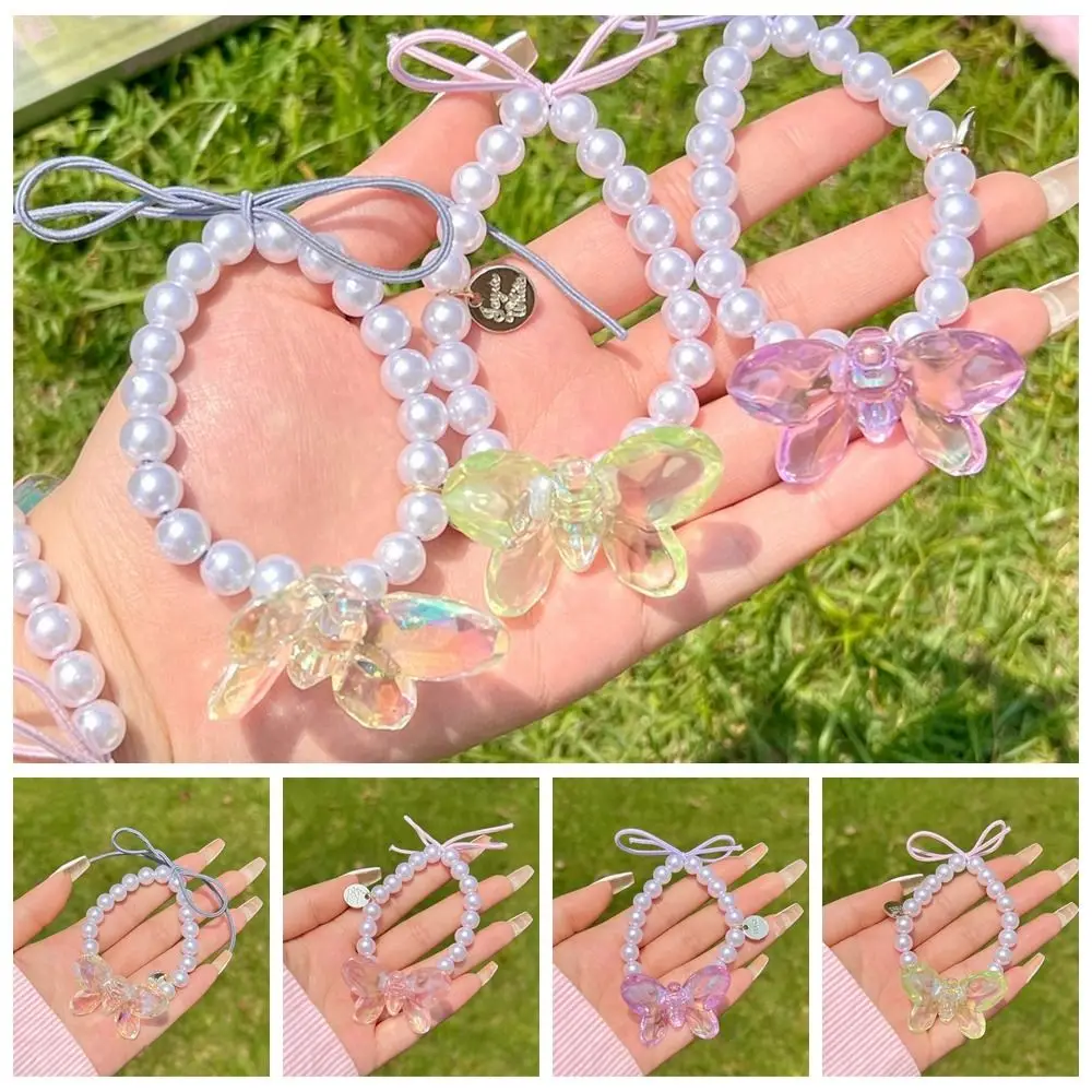 Sweet Butterfly Pearl Scrunchie Elastic Colorful Butterfly Beaded Bangles Fashion High Appearance Level Hair Rope Girl