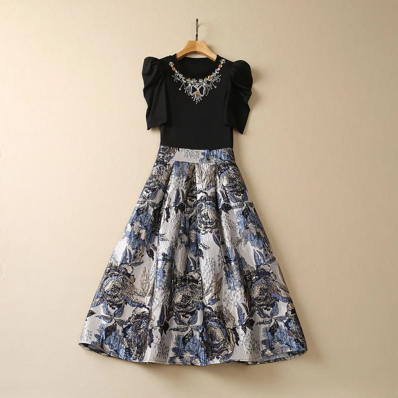 

European and American women's clothes 2023 spring new Short sleeve beading Round neck Fashion Patchwork Jacquard Dress