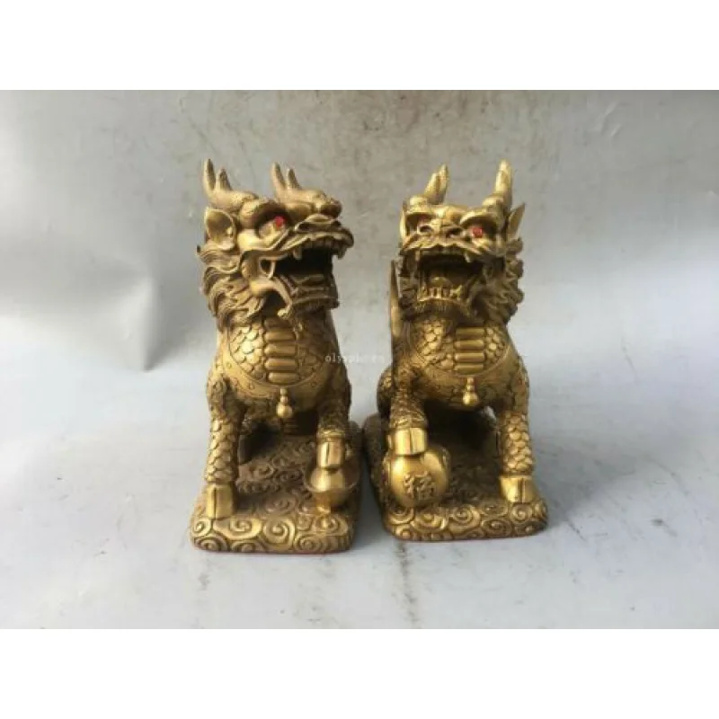 pair 10'' brass copper home feng shui auspicious blessing fortune dragon kylin