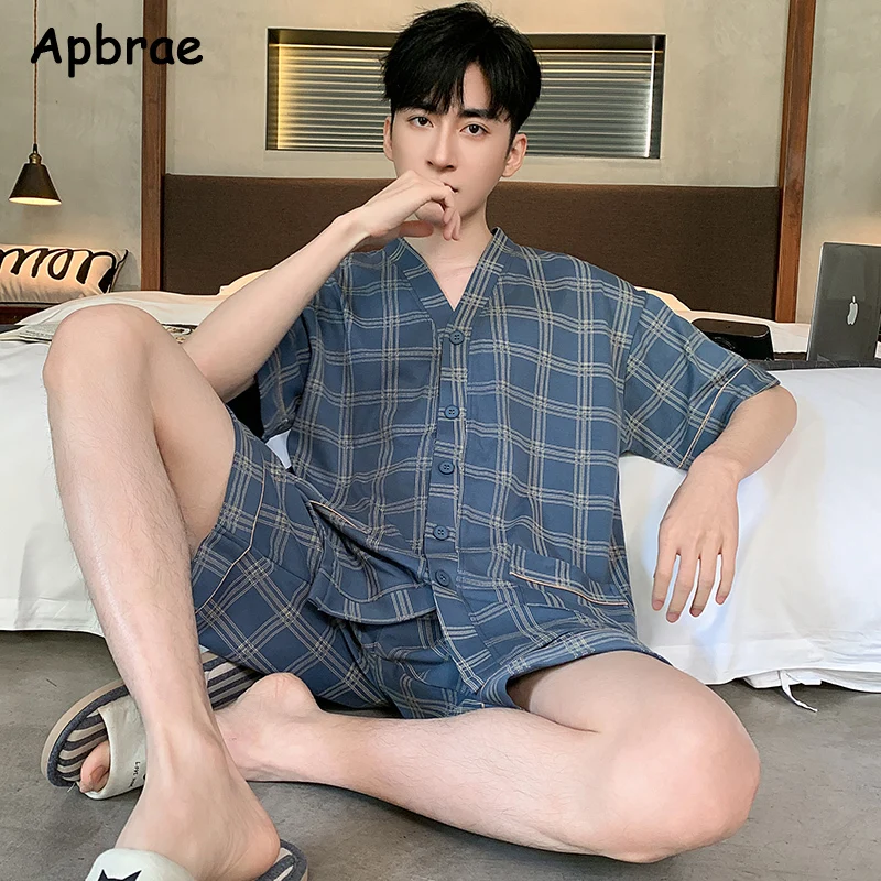 Summer Men Pajamas Soft Short Sleeves Sleepwear Plus Size L-4XL Pijamas Kimono Man Pyjamas Plaid Top Fashion Homewear