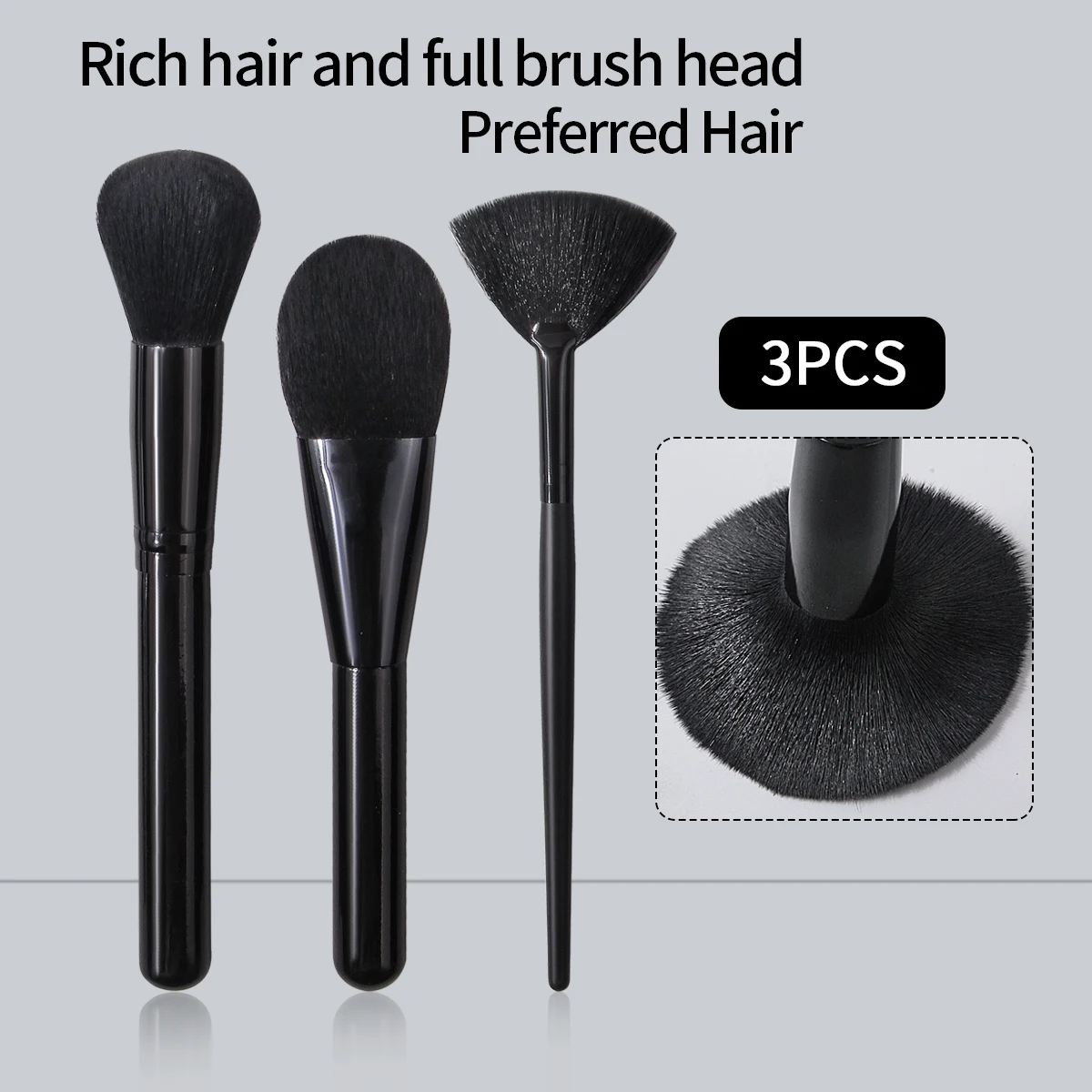 Pennello per fard morbido tutto nero da 3 pezzi, pennello per cipria, pennello a forma di ventaglio, pennello per trucco viso multifunzionale, strumento di bellezza
