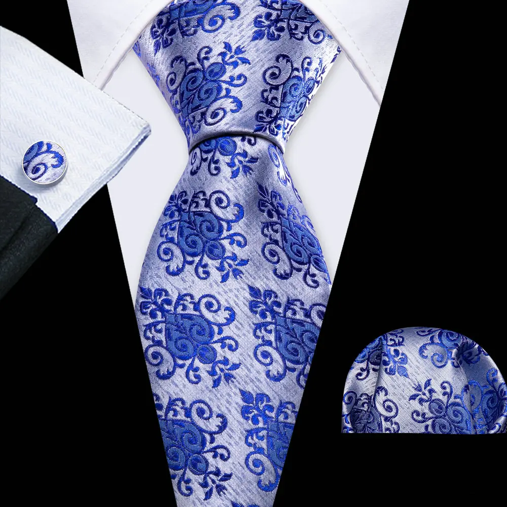 

Blue Grey Silk Necktie Men Woven Pocket Square Cufflink Set Fashion Floral Suit Tie For Male Formal Designer Party Barry.Wang