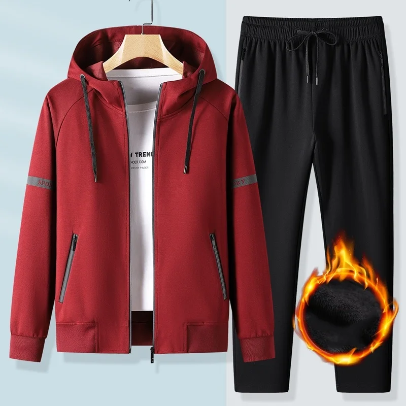 

Winter Fleece Leisure Sports Jacket+pants Men Sweatsuits 's Sportswear Jogger Suits Cotton Sweat 2 Set Black