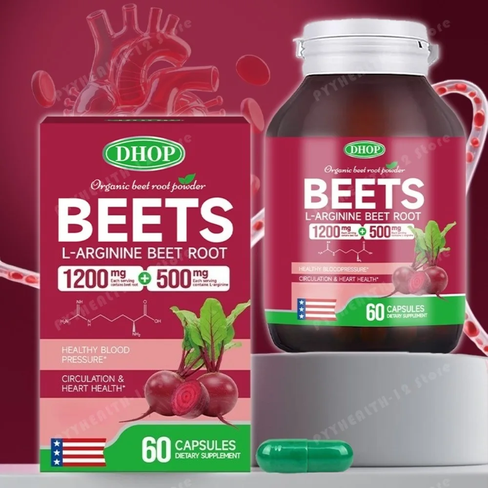 DHOP Beet Root Powder Capsules with L-Arginine 60 Count, 1700mg Per Serving, Daily Wellness Supplement for Men & Women Adults