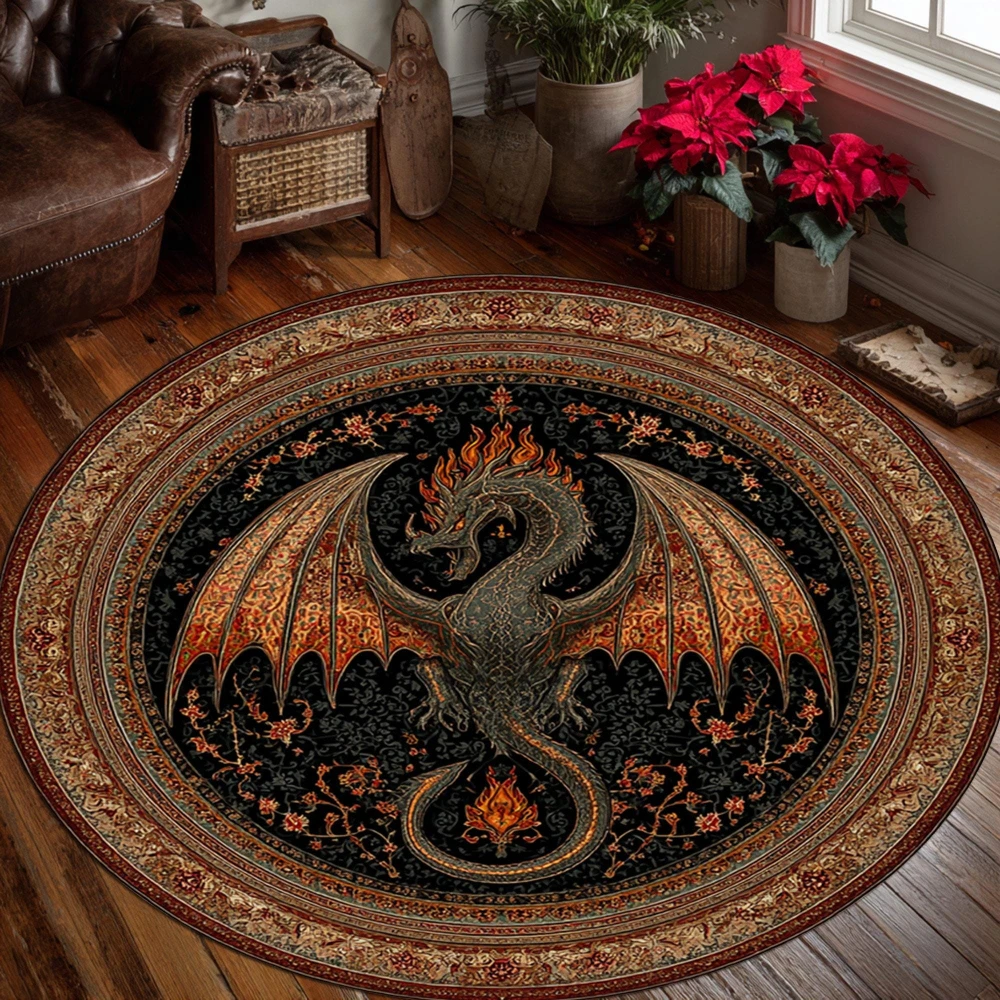 Medieval Winged Fire Dragon Antique Floral Border graphics Circle Rug,Living Room,Lounge,Bedroom Washable Rug Keepsake