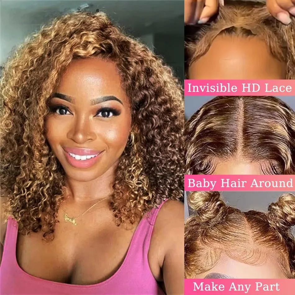 Curly Short Bob Wig Human Hair Glueless Highlight 4/27 5X5 Hd Lace Closure Wig Lace Frontal Wigs Deep Wave Pre Plucked Wigs 16In view 3