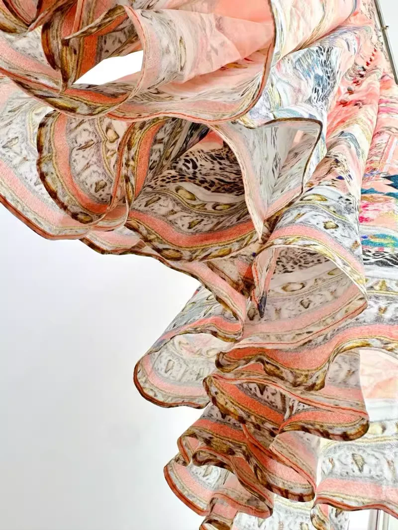 Robe Maxi pour femmes, imprimé floral rose, perles lourdes, col en v, taille haute, manches longues, élégante, 100% soie