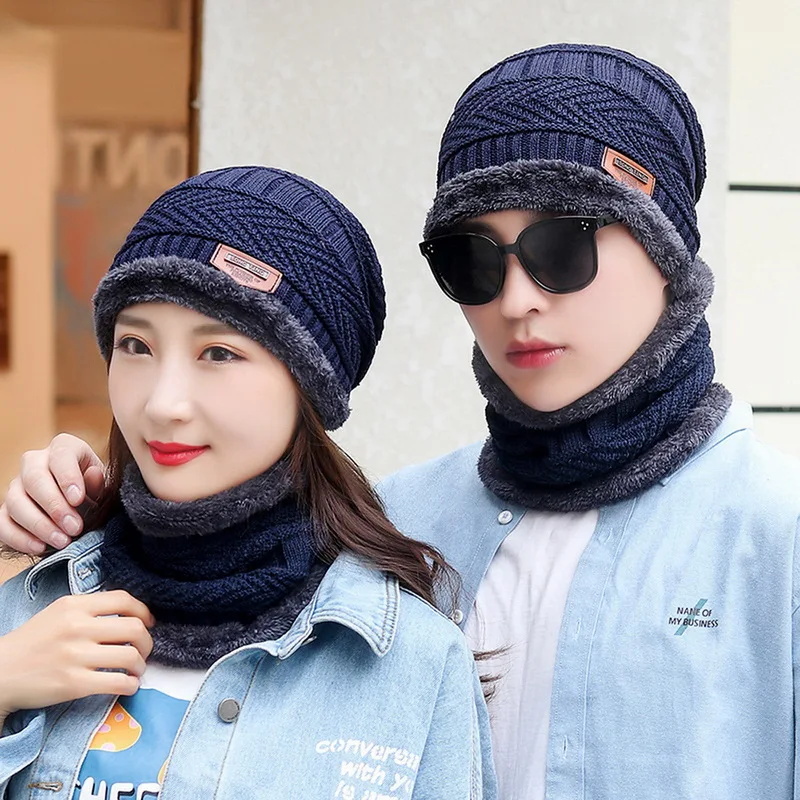 3pcs/set Fashion Knitted Hat Men Women\'s Winter 2022 Hats With Scarves And Touch Screen Gloves Thick Warm Beanie Hat Men Caps