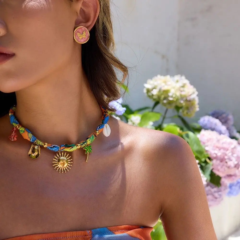 

Titanium Steel Scarf Necklace Oil Drop Pendant Heart Sun Decoration Ribbon Necklace Multi-charm Bandana Necklace Resort Style