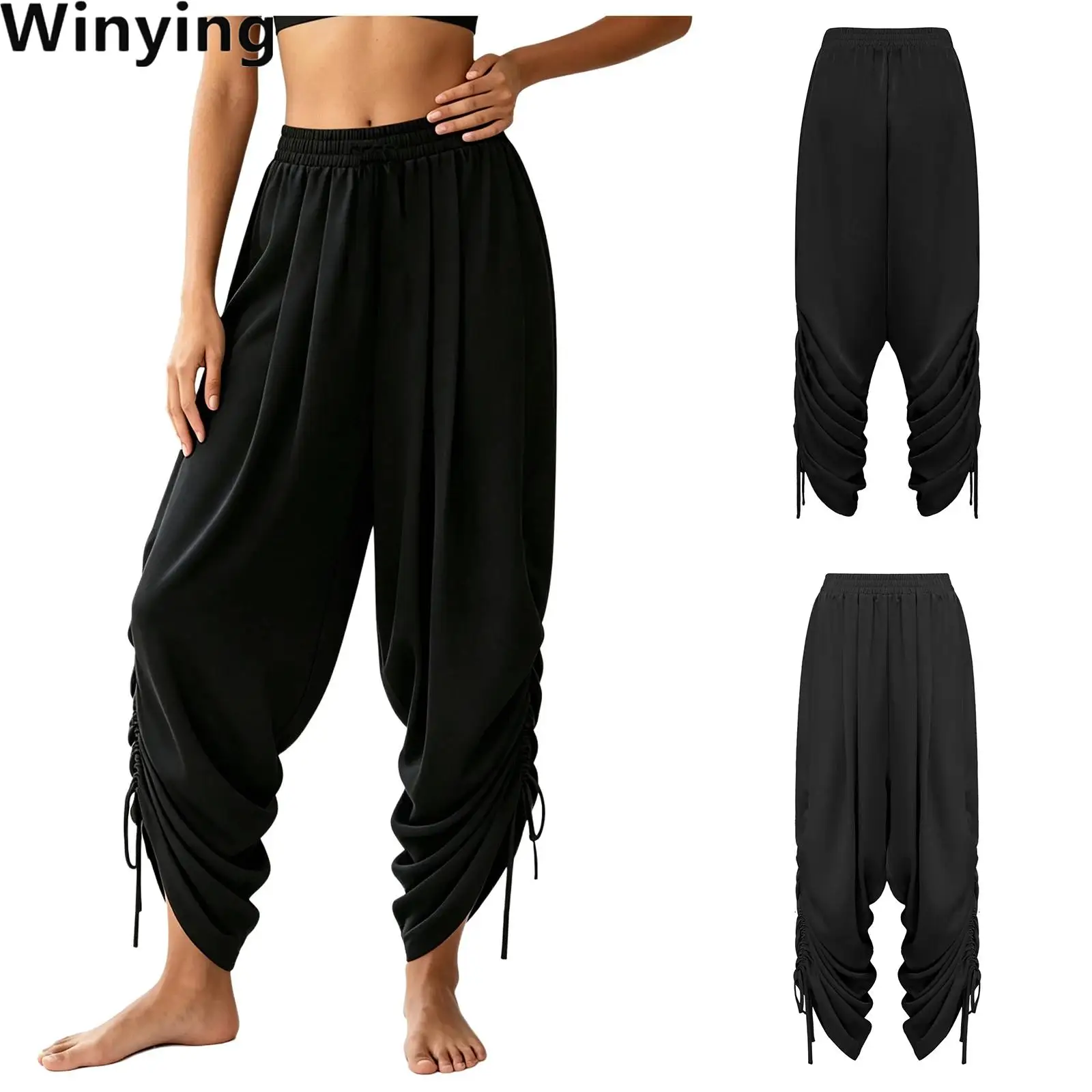 Women Vintage Satiny Baggy Dance Pants Ruched Drop Crotch Draped Drawstring Legs Elastic Waistband Harem Pants