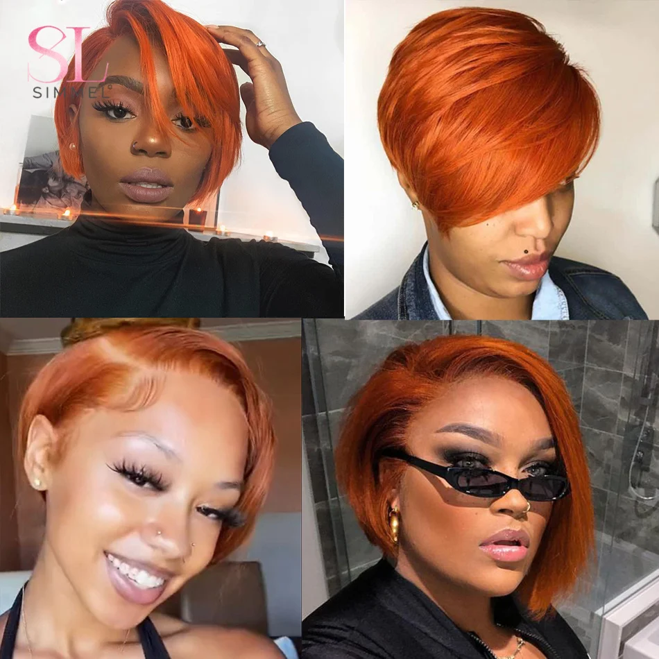 Perruque Bob courte coupe Pixie droite pour femme, cheveux humains, couleur orange vidéo, partie en T, dentelle transparente