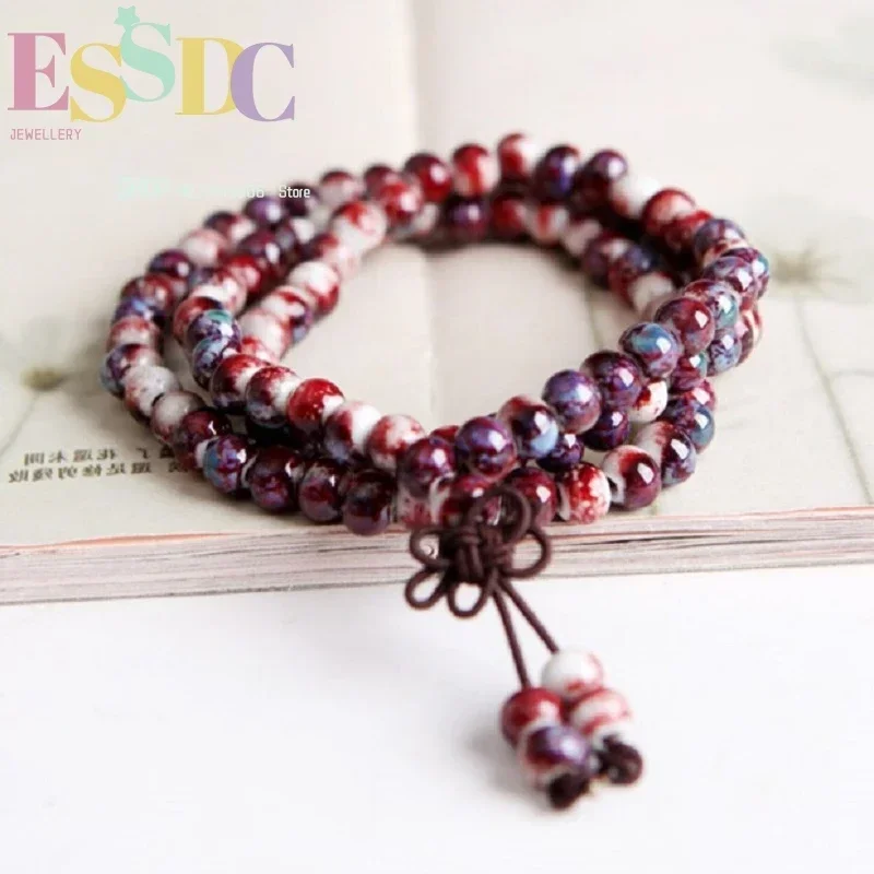 China Handcraft Fashion 6mm Ceramic Female's 108 Mala Bracelet Elastic Rope Multi Circles Prayer Beaded