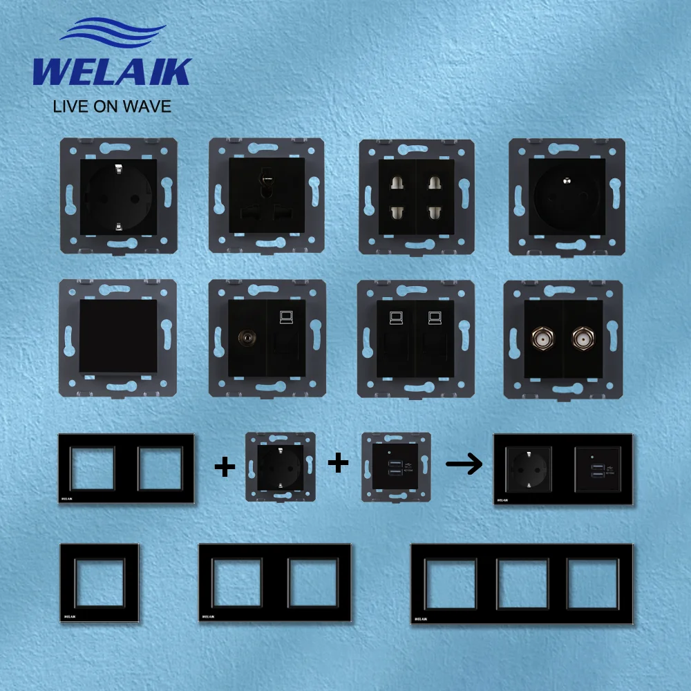 WELAIK EU Black 45*45mm TV Computer Wall Power Socket Outlet Tempering Glass Panel DIY Parts Module Gather Zone