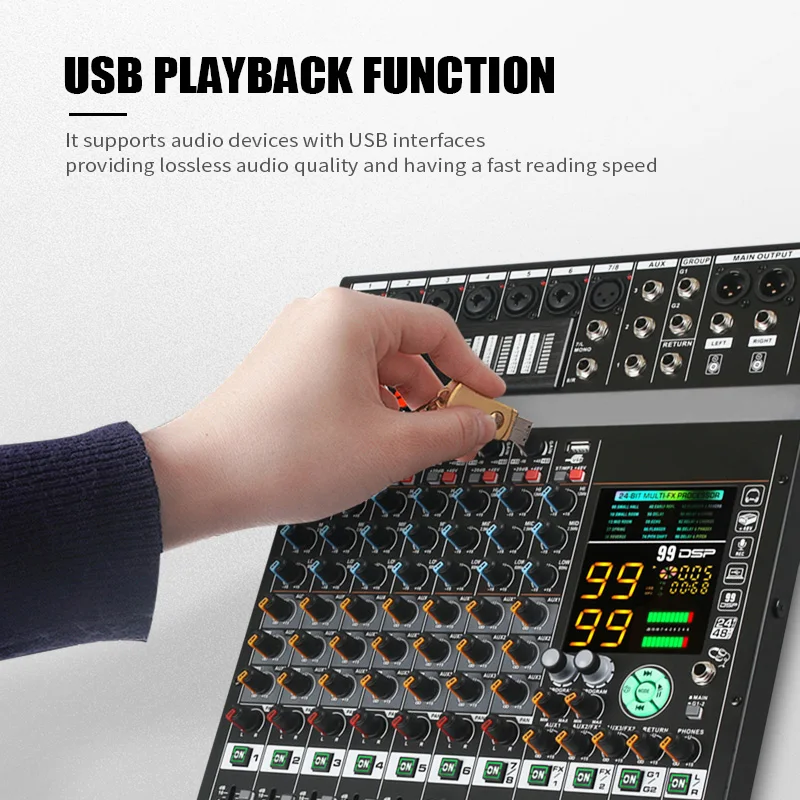 COOYINK 8-Kanal-Audiomischer 2*99 DSP 3 Gruppen Aux Senden Sie eine digitale professionelle Konsole Soundmixer-Konsole mit Bluetooth MP3 USB