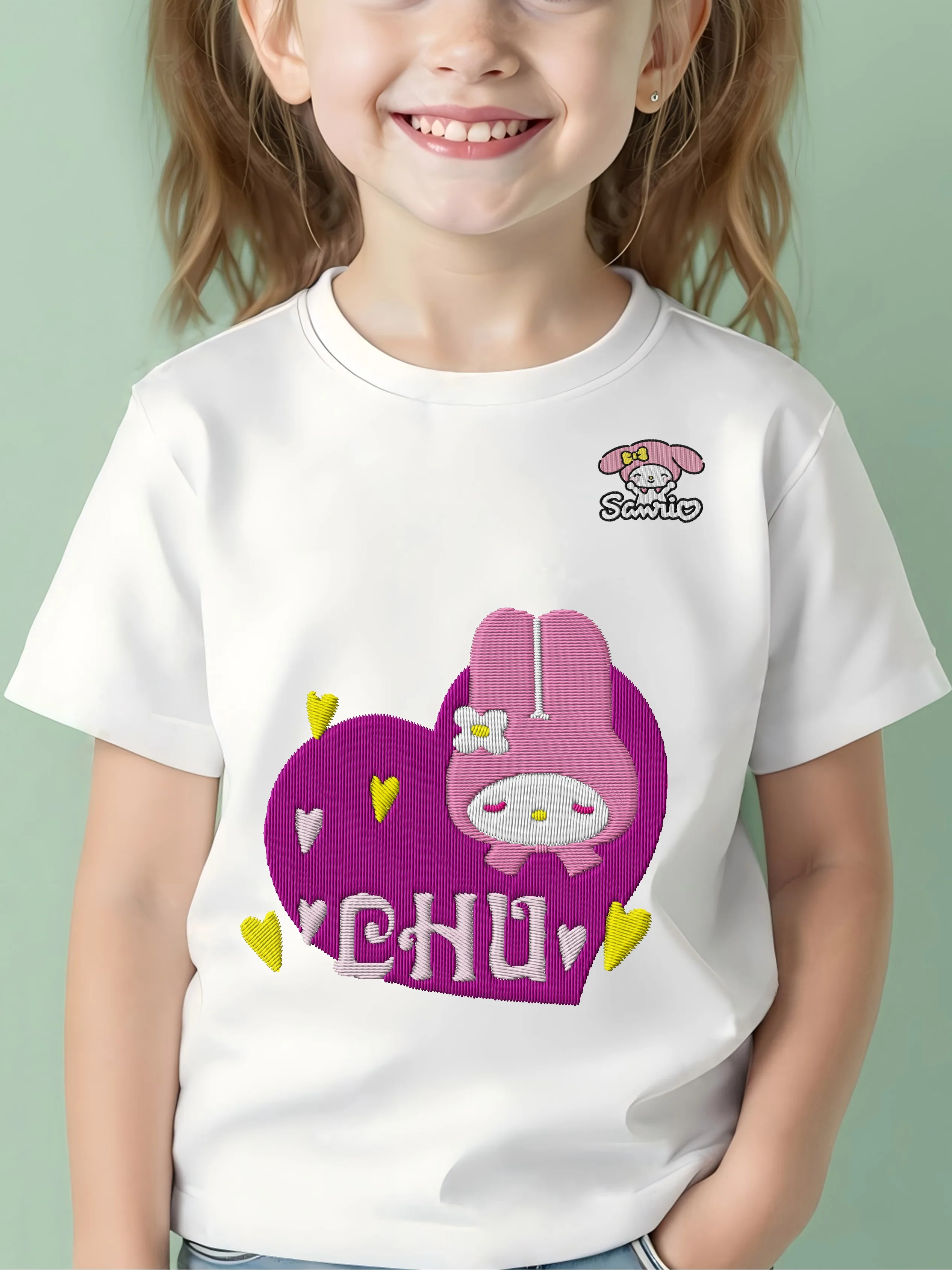 

Children's Clothing Embroidery Melody Pure Cotton 3D Printing Top T-shirt Girls 2025 Girl Clothes Summer Kids Girls' O-neck Top
