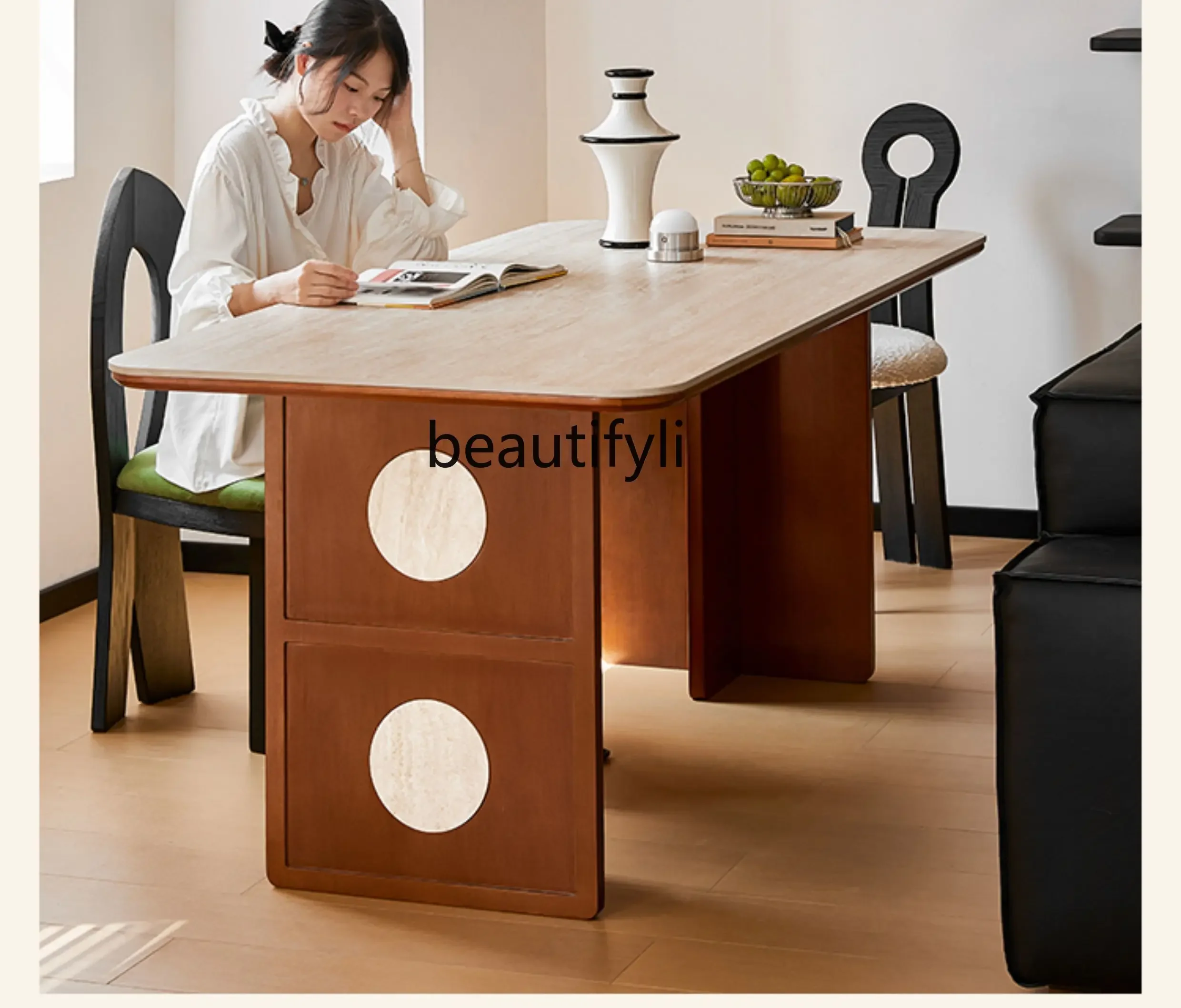 

X Travertine Stone Dining Table Vintage Home Restaurant Dining Table Thickened Solid Wood Workbench Large Board Table