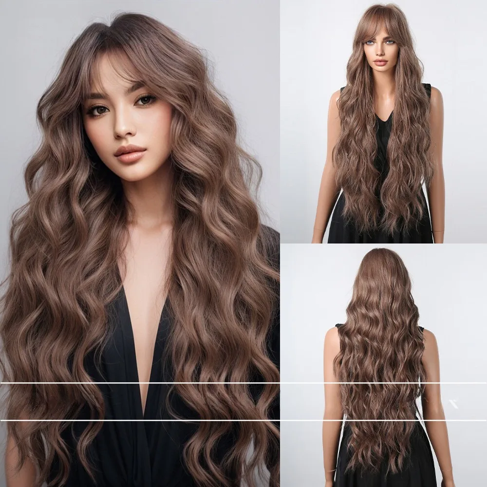 New Trend Character Bangs Brown Synthetic Wig For Women Long Curly Hair Wavy Wigs Glueless Simulation Wig Head Set Nature Party.