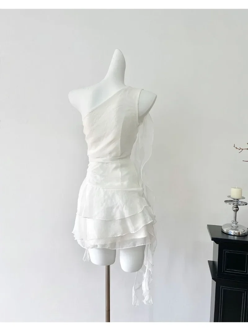 Summer New Fashionable White Oblique Shoulder Chiffon Dress with Waist Wrapped Short Fairy Style Dresses female clothing