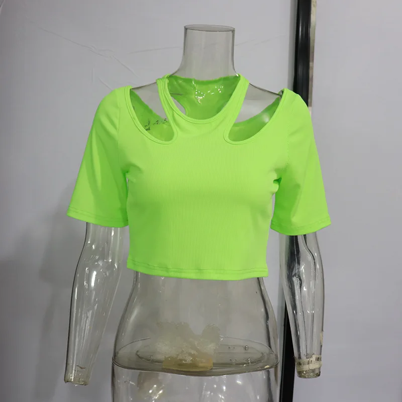 Sexy Shoulder Hollow Out  Bare Midriff Rib Knitted T Shirt Women Light Green Bottoming Shirt Ladies Tee Shirt Tops Mujer