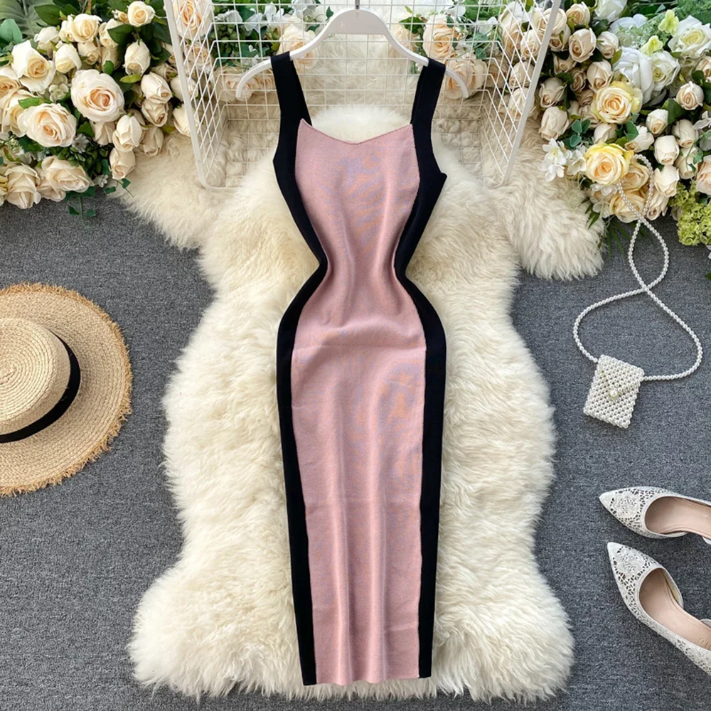 Abito da donna estivo con tubino lavorato a maglia con lettere, mini abiti patchwork senza maniche con canotta lavorata a maglia aderente femminile per donna