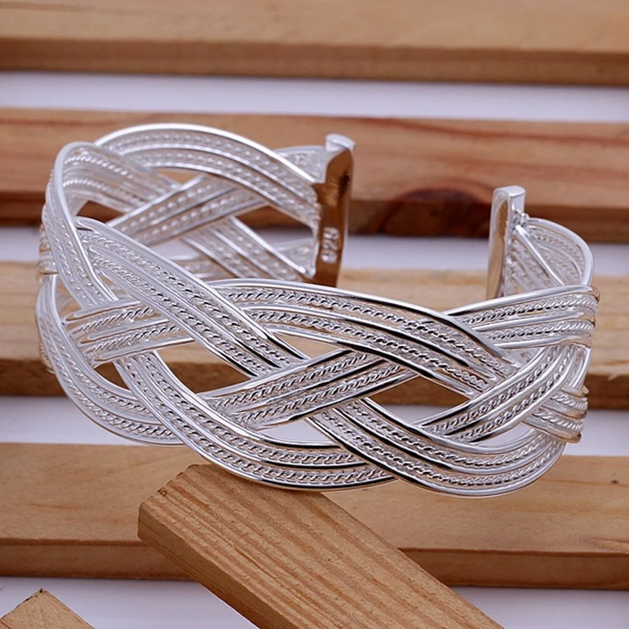 Wedding women lady 925 sterling silver open Bangle fashion  jewelry exquisite temperament retro trumpets braided bracelet