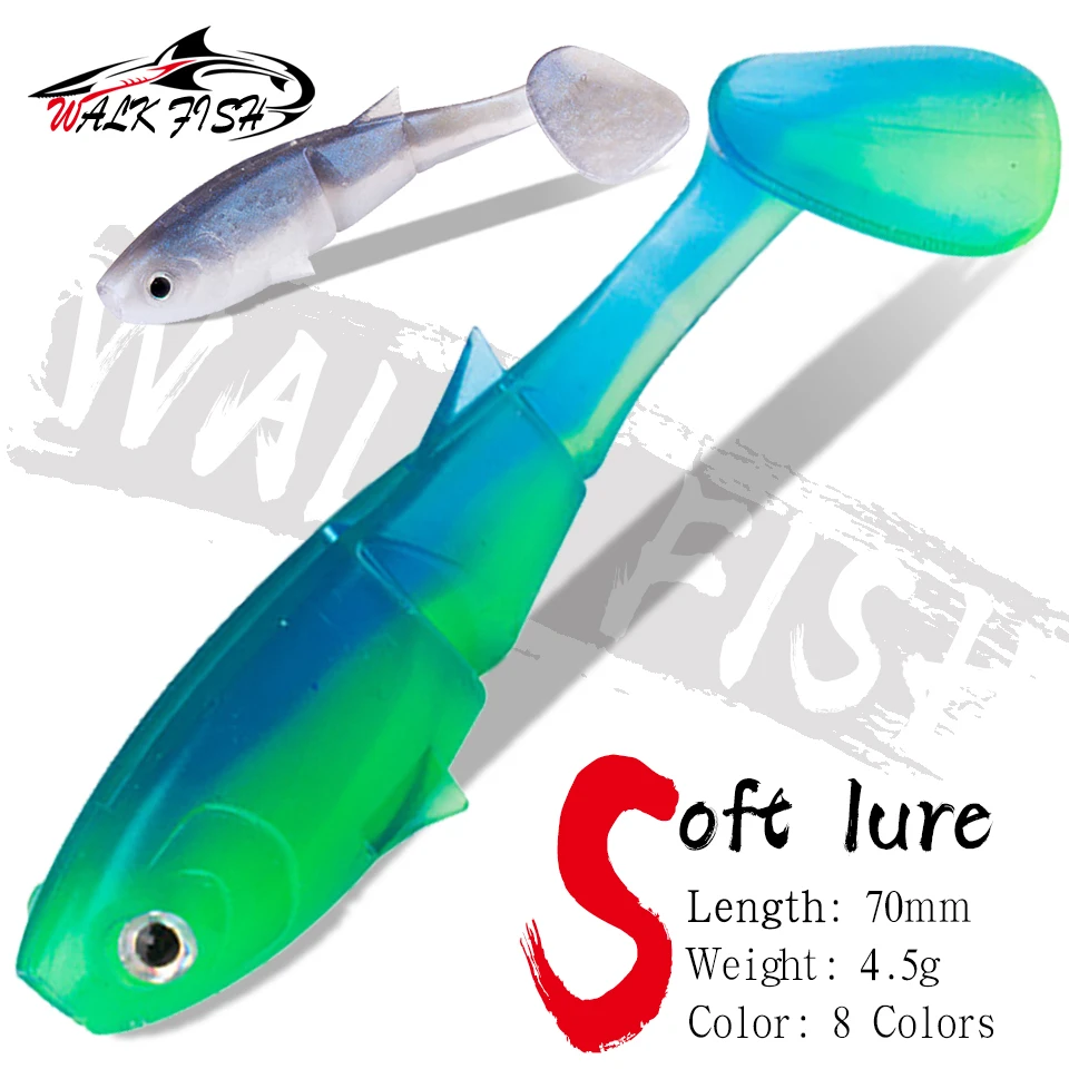 WALK FISH 6Pcs 70mm 4.5g T-Tail Silicone Soft Binoic Eyes Ba