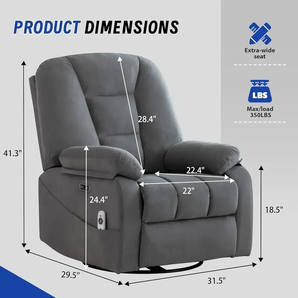 Power Swivel Rocker Recliner with Massage & Heat, Velvet Grey Fabric Sofa Chair with USB & Type-C Ports