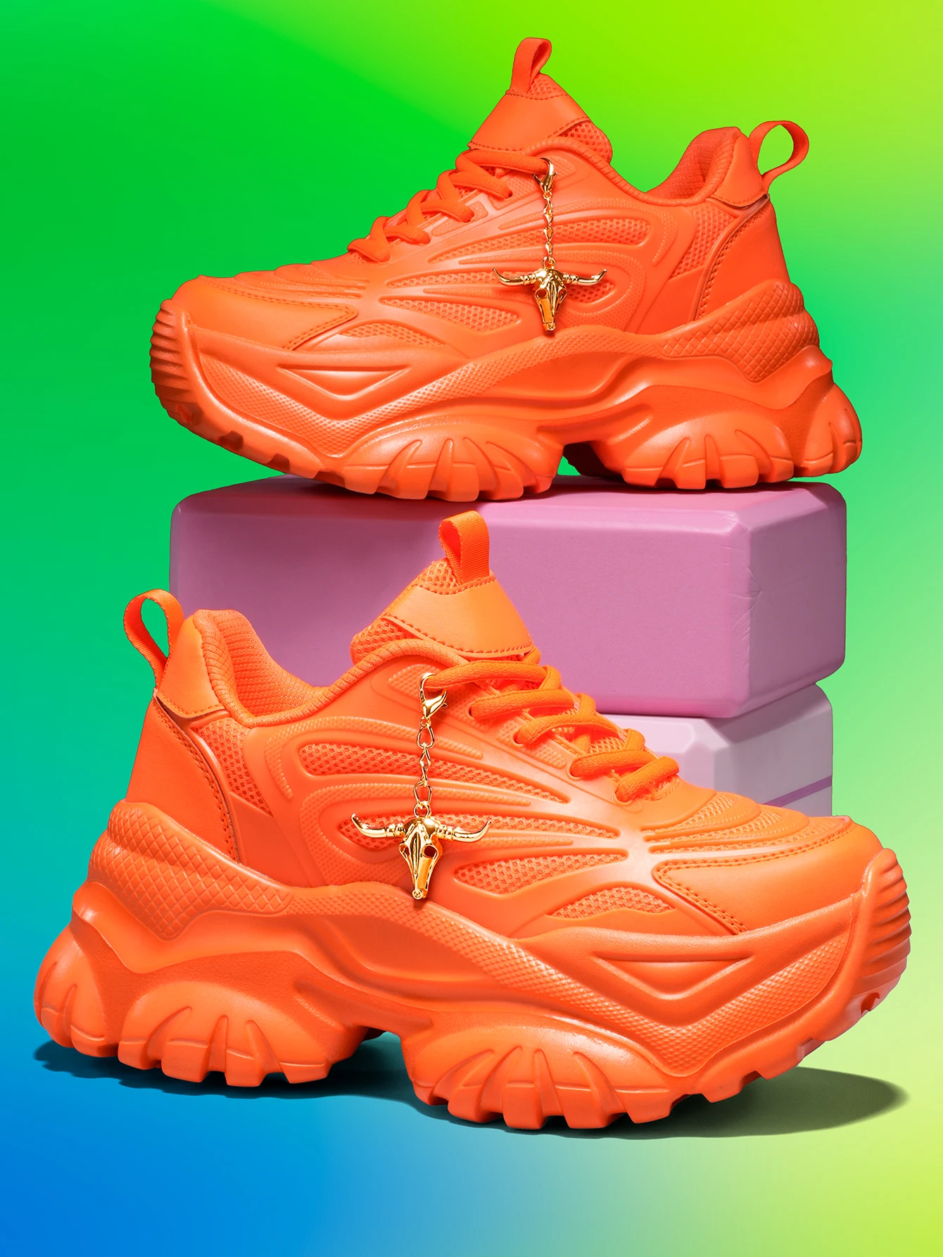 Women's Outdoor Fashionable Dad Shoes for All Seasons, EVA Lightweight Thick Sole with 7CM Height Increase, Blue Sneakers with Detachable Golden Bull Head Pendant, Suitable for Running, Fitness, and Halloween Outfits view 6