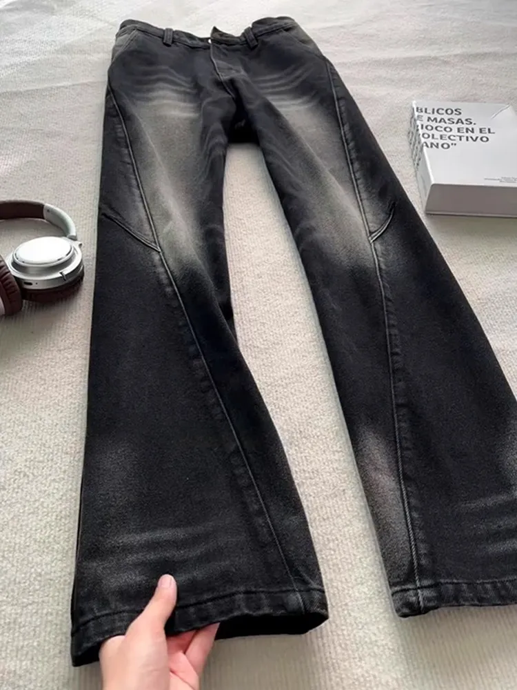 

Cleanfit American High Street Washed Splicing Knife Men's Jeans Trendy Straight Leg Micro Flared Pants Casual Denim