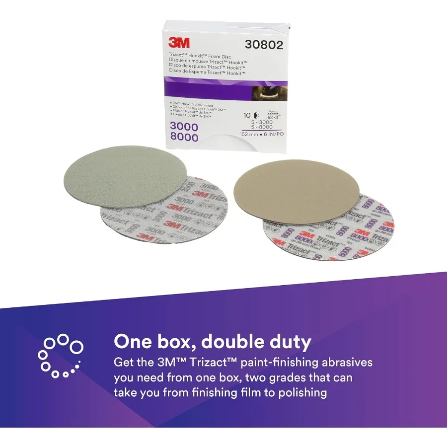แผ่นขัด 3M Trizact Hookit Foam Backing Abrasive Disc 30802 สำหรับซ่อมรอยชน ขัดรอยขีดข่วน ผสมสีแผง ขนาด 6 นิ้ว เกรด 3000 และ 8000 จำนวน 10 ชิ้น