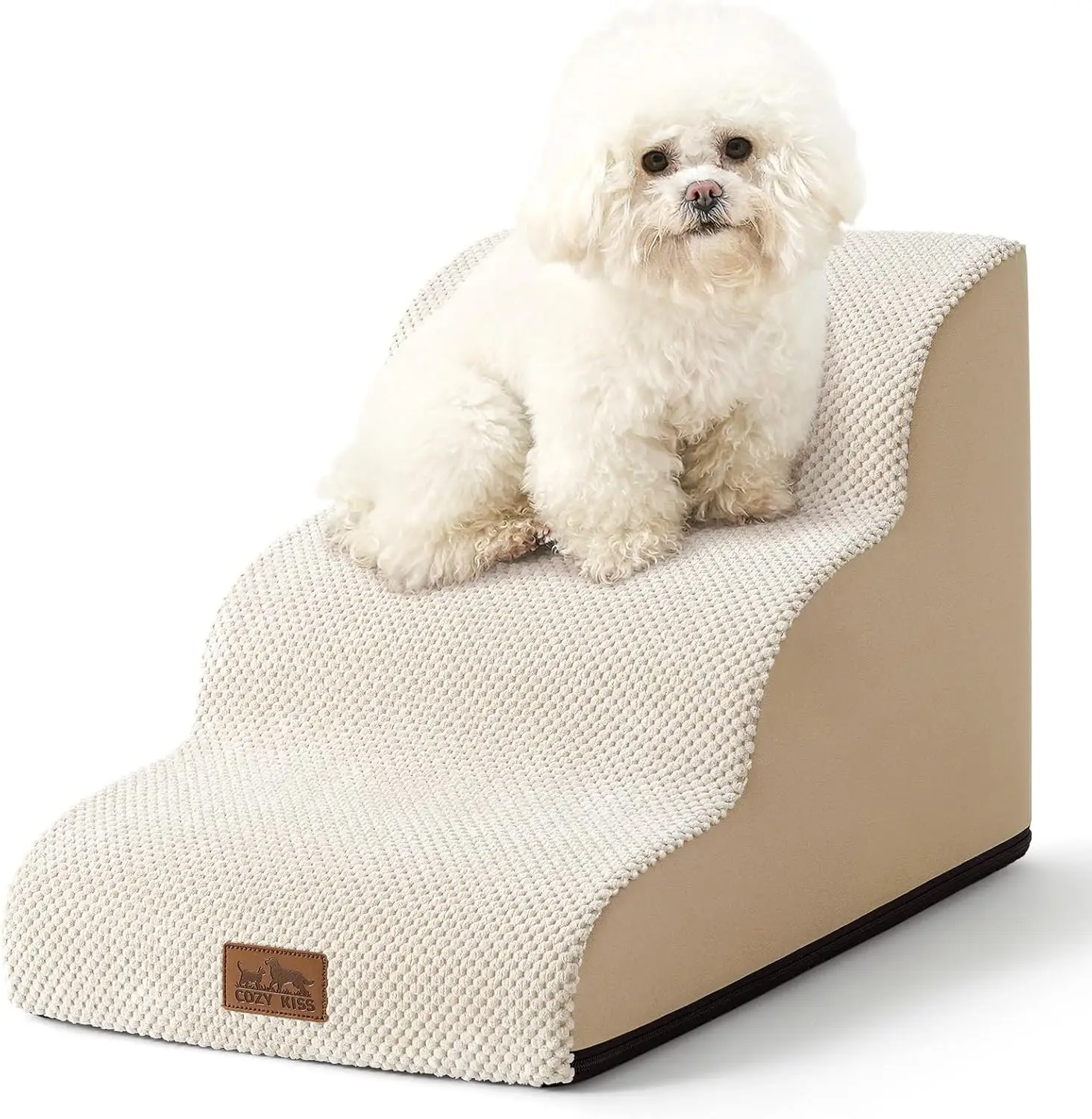 

Curved Pet Steps for Small Dogs & Cats, 3-Step Ramp with High-Density Foam, Beige, 15.7x22.4x15.7 inch