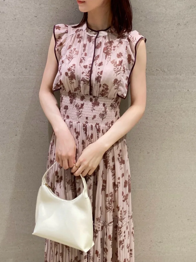 Sweet Print Dresses Japan Pleated Vestidos Flying Sleeve Dress Bandage High Waist Vestido Mujer Women 2024 Summer New Robes