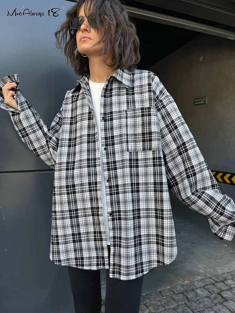 

Mnealways18 Patchwork Black And White Plaid Shirts Women Pocket Gingham Blouse Casual Loose Long Sleeve Print Tops Spring Shirts