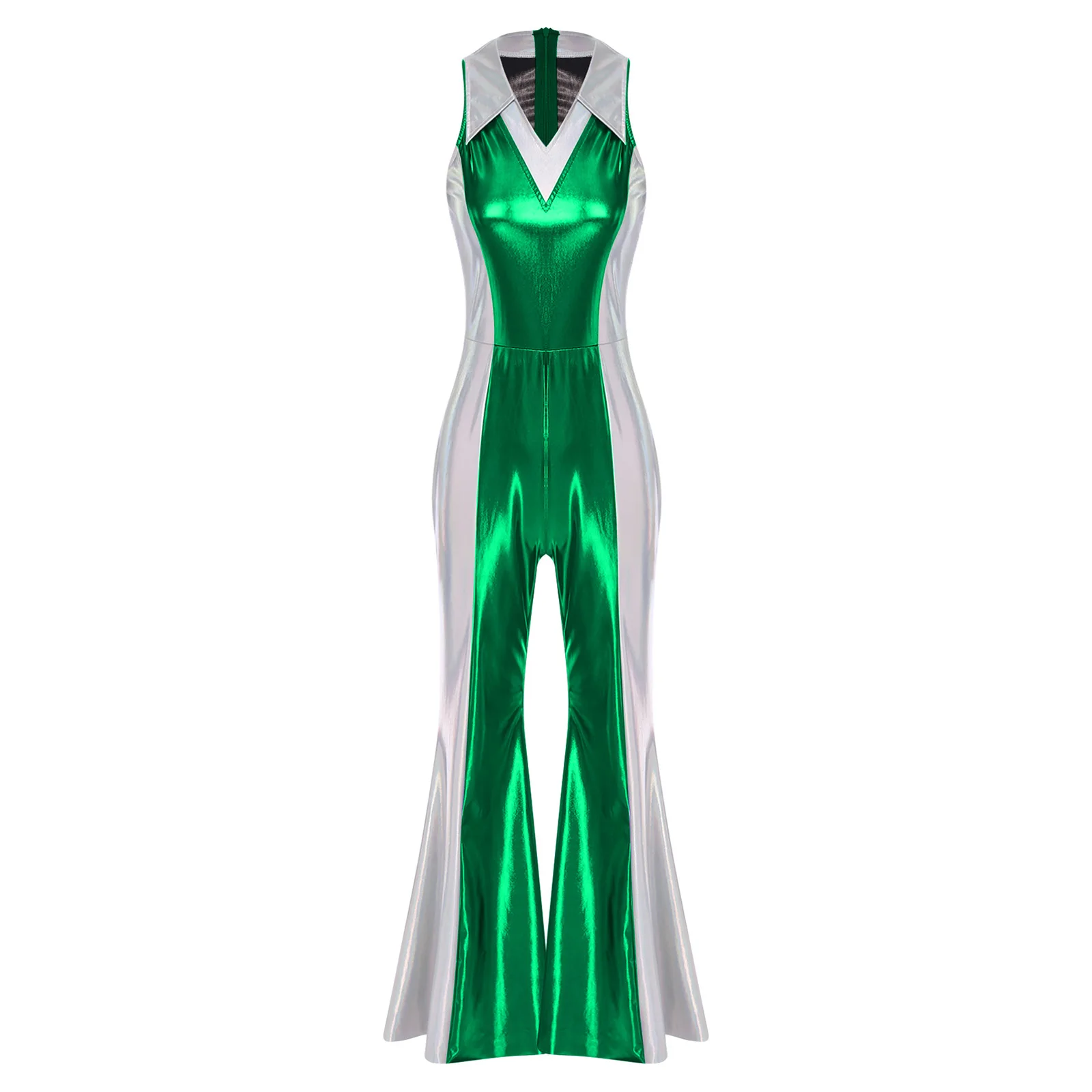 Womens Halloween Cosplay Costume Metallic Jumpsuit 70s 80s Disco Outfit Prom ClubwearLapel Shiny Flared Long Pants Rompers