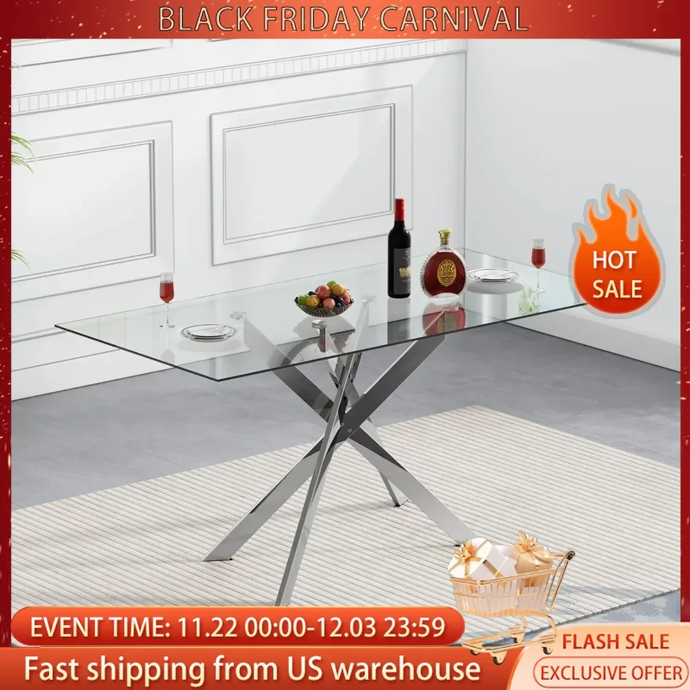 Glass Dining Table Modern Kitchen Glass Top Tables for 4 with Chrome Plated Metal Legs,51"Rectangular Dining Table Kitchen Table