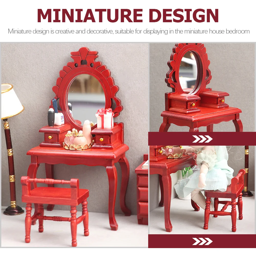 2 Pcs Vanity Table Vintage Dresser Stool Mini House Furniture Miniature and Accessories Baby Dressing Makeup Black Child