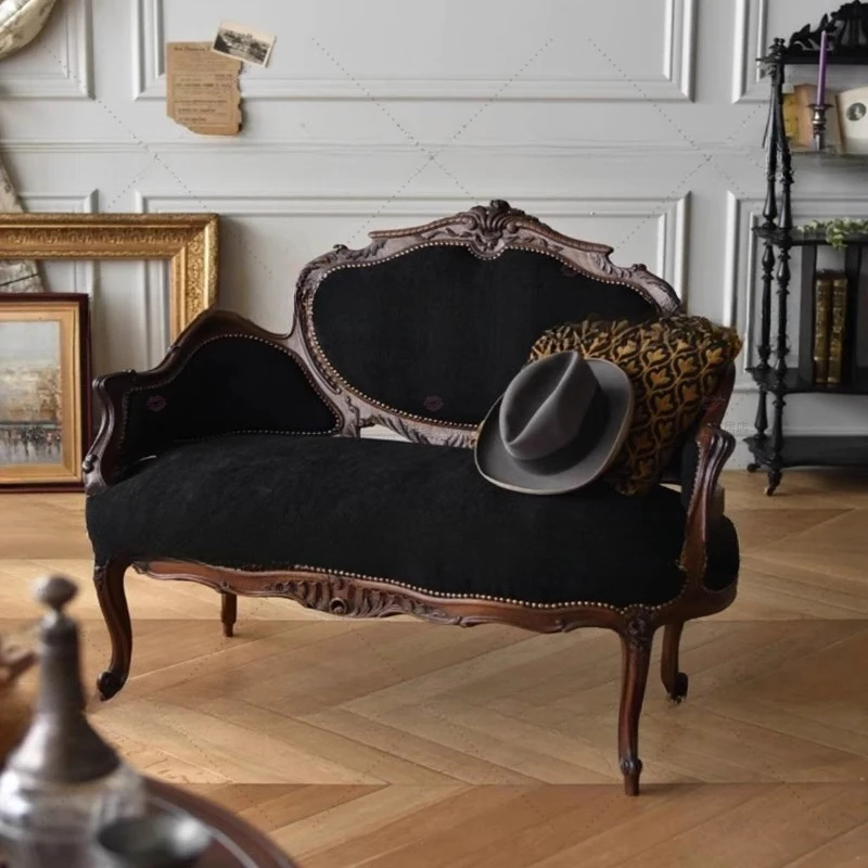

American medieval style solid wood sofa villa living room double sofa, French antique