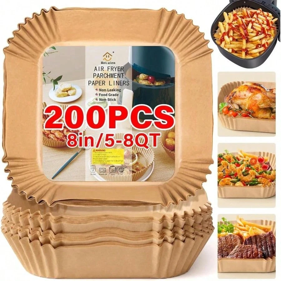 200 Pcs Square Disposable Air Fryer Liners, 6.3in / 8in Non‑Stick Greaseproof Parchment Paper, Heat‑Resistant Baking Paper Trays for Air Fryer, Oven, Microwave, Kitchen Cooking ﻿