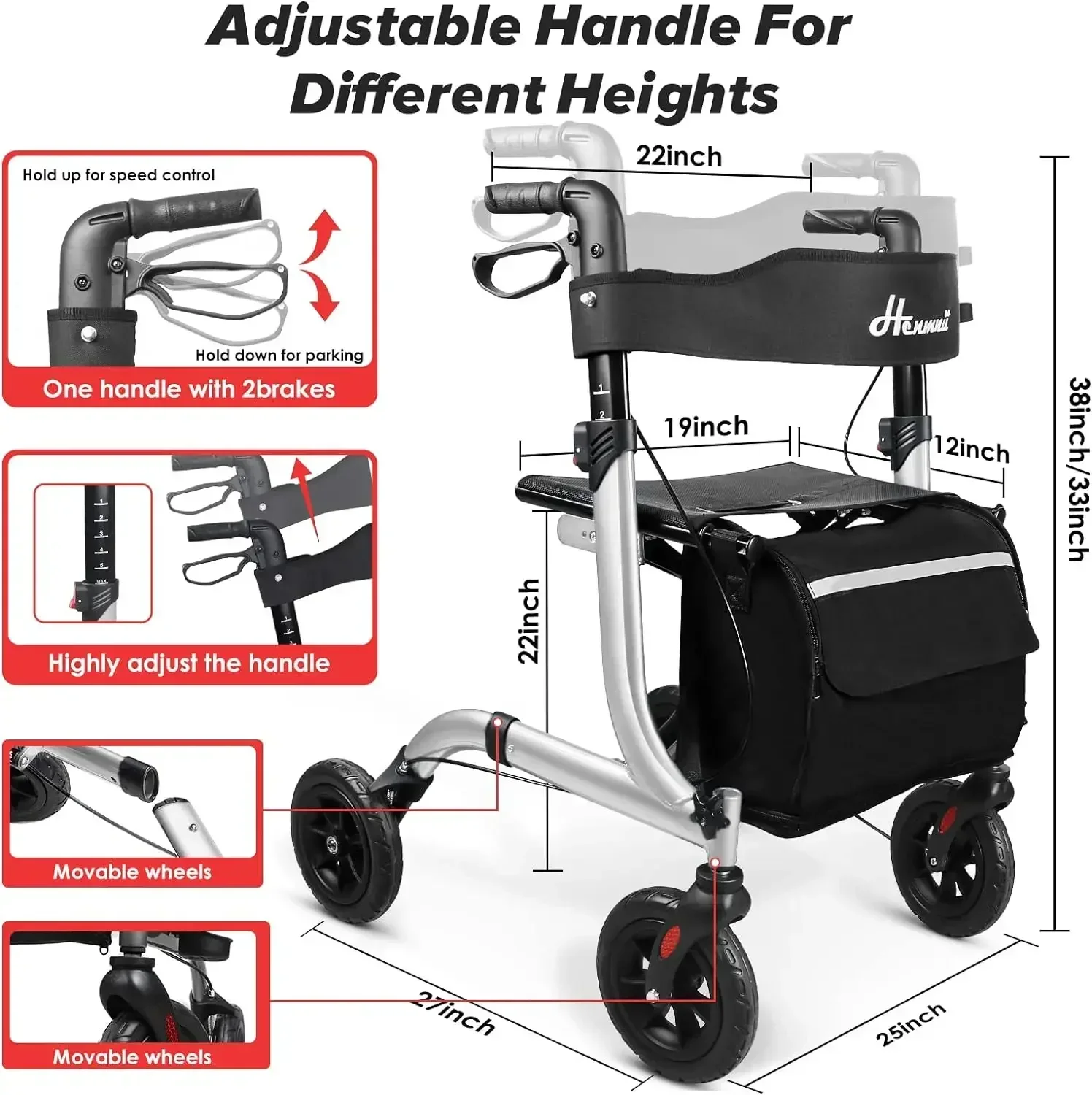 Henmnii Rollator Walker for Seniors, Lightweight Foldable All Terrain Rolling Walker with seat, Aluminum Walkers with 8 inch Rub