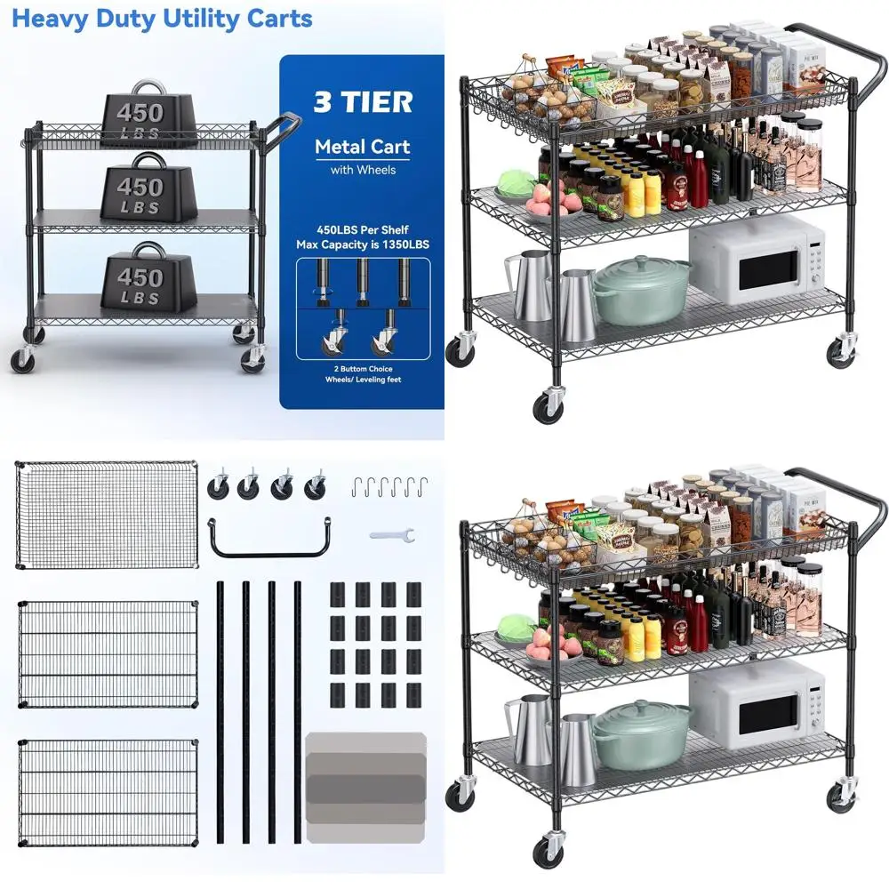 

Heavy-Duty 3-Tier Rolling Utility Cart, 24x45x39, Industrial Metal Cart for Serving, Garage, Kitchen, Warehouse