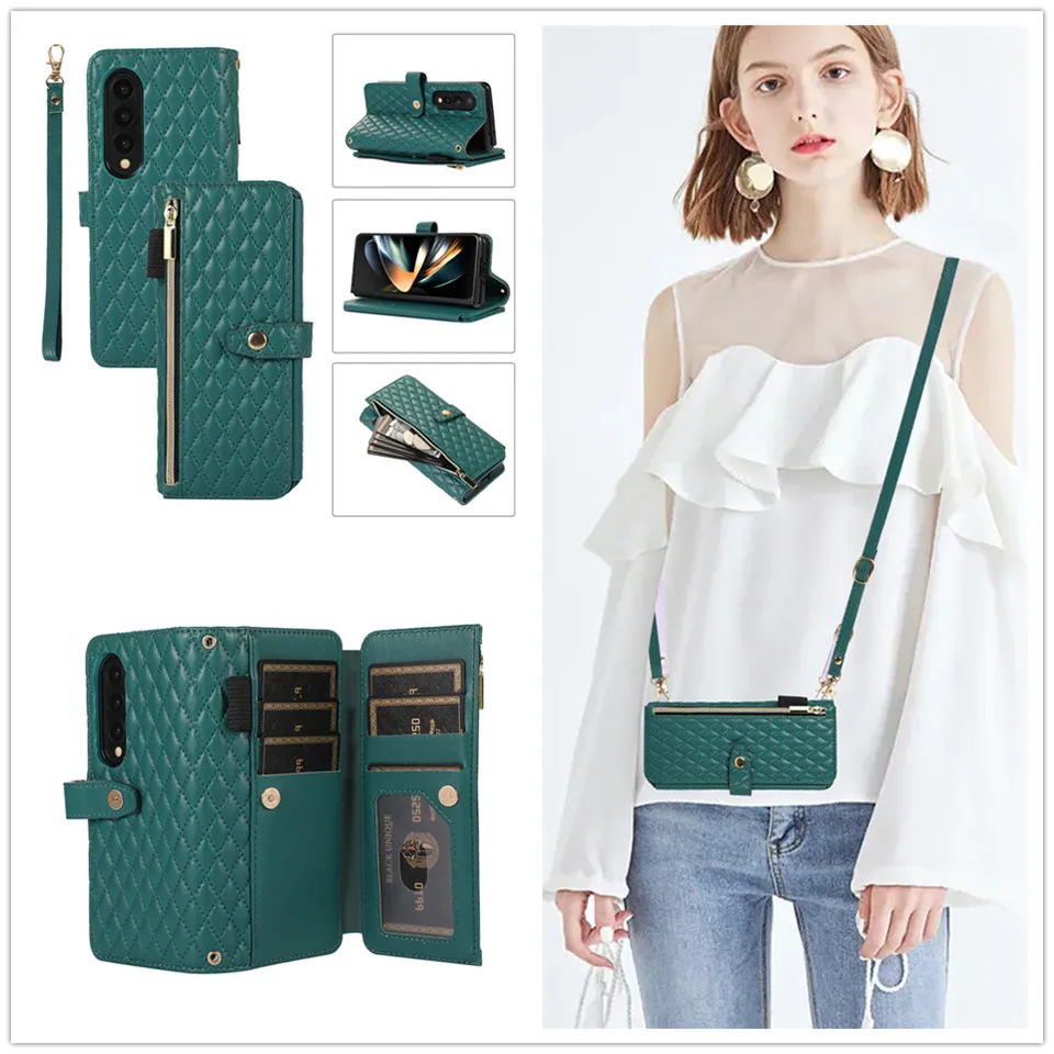 Lanyard Crossbody Rhombic Multi Card Wallet Shoulder Strap Case For Samsung Galaxy Z Fold 5 3 4 Cover PU leather Phone Bag