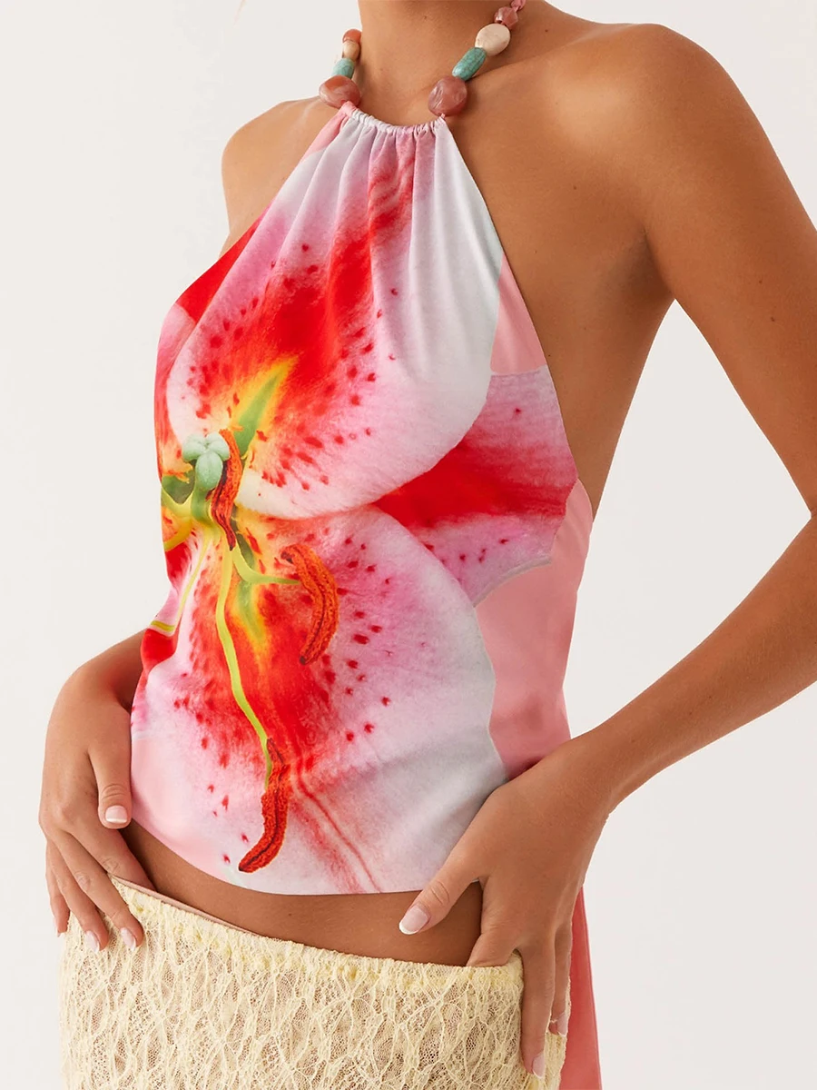 Débardeur dos nu sans manches pour femmes, Y2k, cravate florale, dos ouvert, dos nu, esthétique, style Boho, vacances, plage, chemises