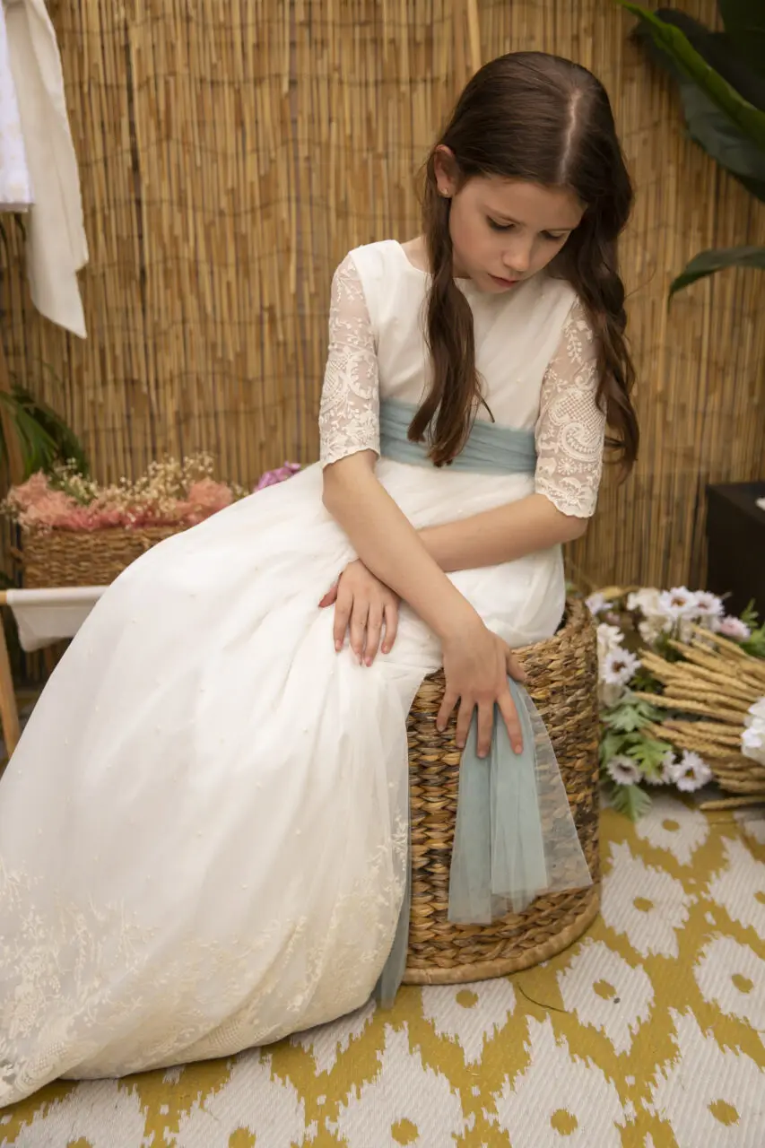 Vestido largo Vintage de media manga para primera comunión, Vestido de encaje de marfil para niña de las flores, faja de tul con lazo, fiesta de boda para niño y cumpleaños