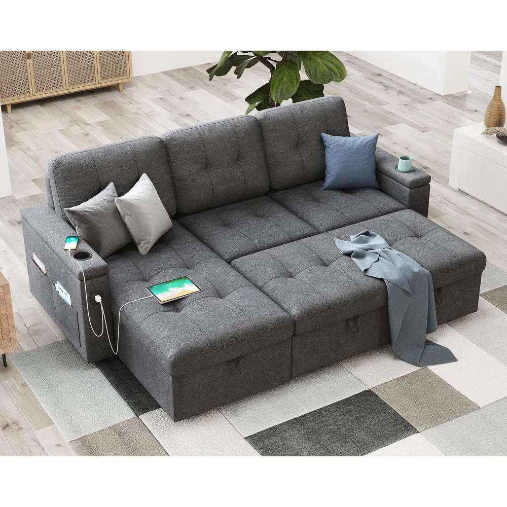 84 Inch Pull Out Couch Bed, Sofa Bed with Storage Chaise, L Shaped Sleeper Sofa with 2 USB Sockets & Cup Holders- Dark Grey