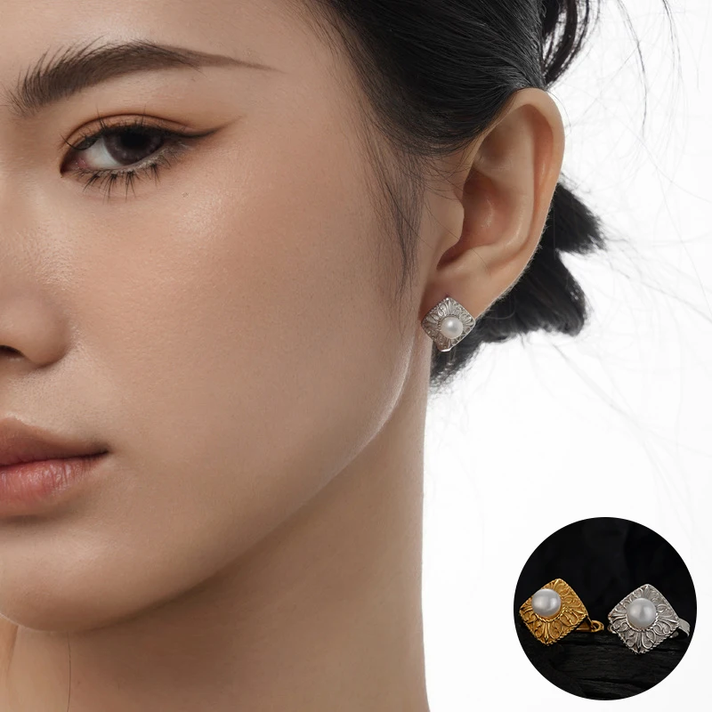

100% 925 Sterling Silver Pearl Geometric Earrings for Women Girl Fashion Ethnic Texture Design Jewelry Party Gift Dropshipping