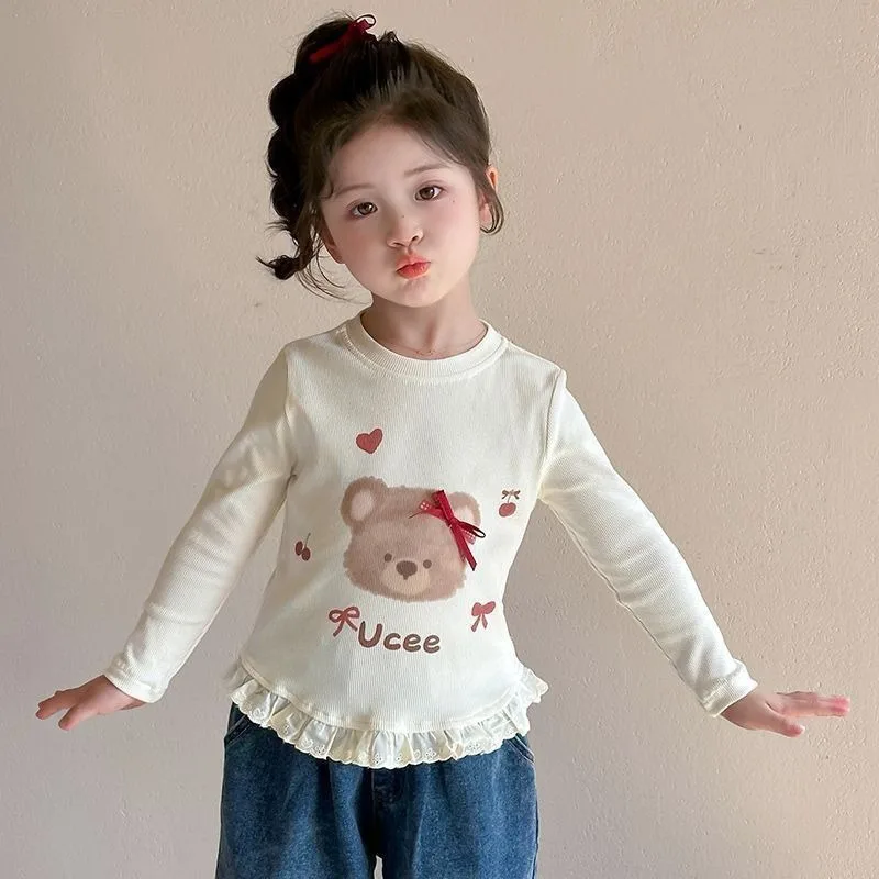 Children Girls Long Sleeves Autumn 1-8Yrs Kids Girl Bear Printed Undershirts Round Collar Lace Hem Baby Girls Pullover Top