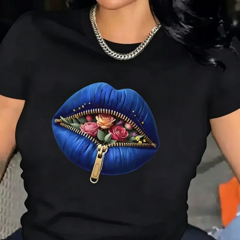 Blue Zipper Lips with Roses T-Shirt Edgy Floral Mouth Graphic Tee Cool Statement Print Casual Crewneck Short Sleeve Top