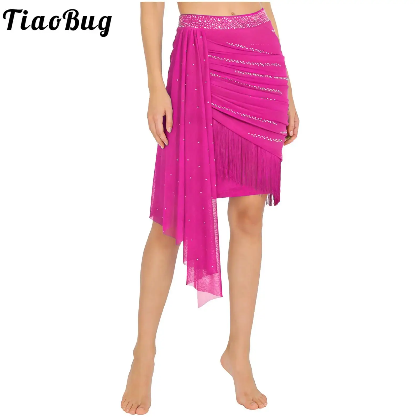

Women Latin Salsa Rumba Dance Skirts Dance Jazz Tango Sparkly Rhinestones Performance Costume Elastic Waistband Mesh Drape Skirt