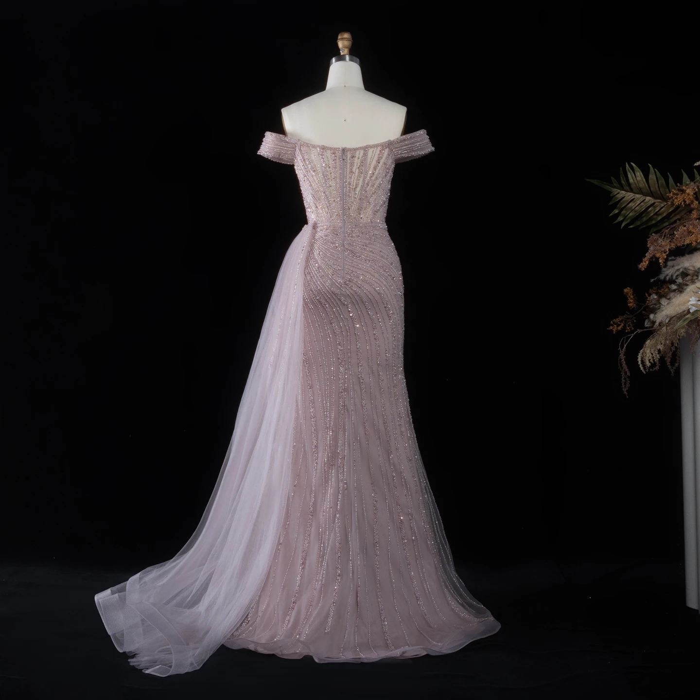 Sharon Said Luxuriöses Rosa Abendkleid, Schulterfrei, Herzausschnitt, Kristallperlen, Meerjungfrauen-Schnitt, Seitlicher Tüll, Formelle Partykleider SS005 Maßanfertigung – Detail 8